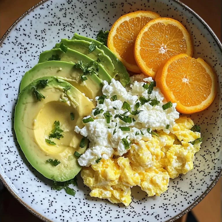 Avocado, Scrambled Eggs & Cottage Cheese Plate with Fresh Orange