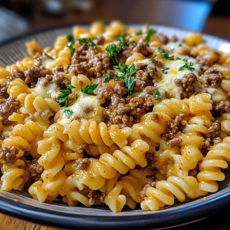 Cheesy Rotini with Garlic Butter Sauce and Ground Beef