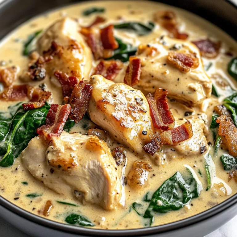 Creamy Chicken Stroganoff with Crispy Bacon and Wilted Spinach