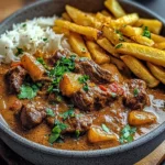 Creamy Coconut Curry Beef with Garlic Naan & Fries