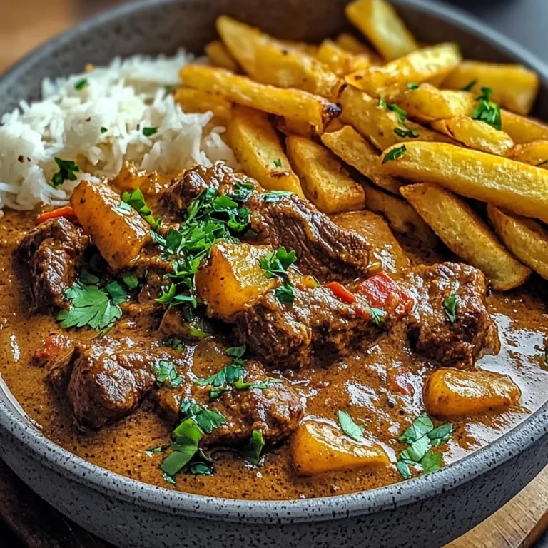 Creamy Coconut Curry Beef with Garlic Naan & Fries