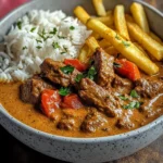 Creamy Coconut Curry Beef with Rice and Fries