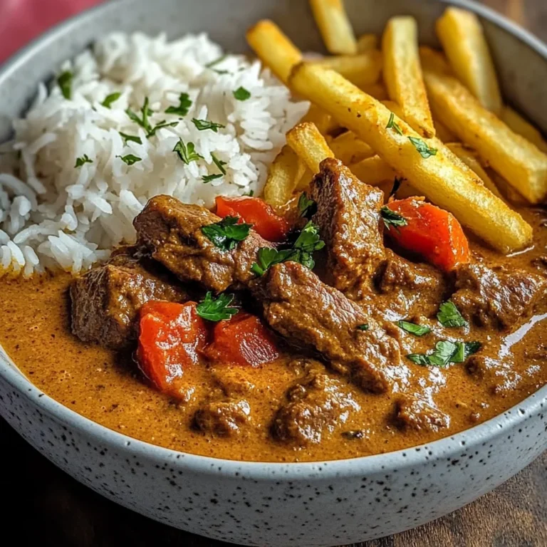 Creamy Coconut Curry Beef with Rice and Fries