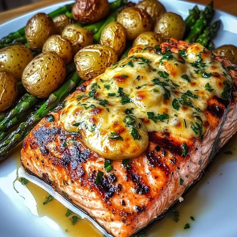 Grilled Salmon with Garlic Potatoes & Cheesy Asparagus