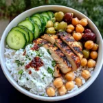 Mediterranean Grilled Chicken Bowl with Rice, Chickpeas & Tzatziki
