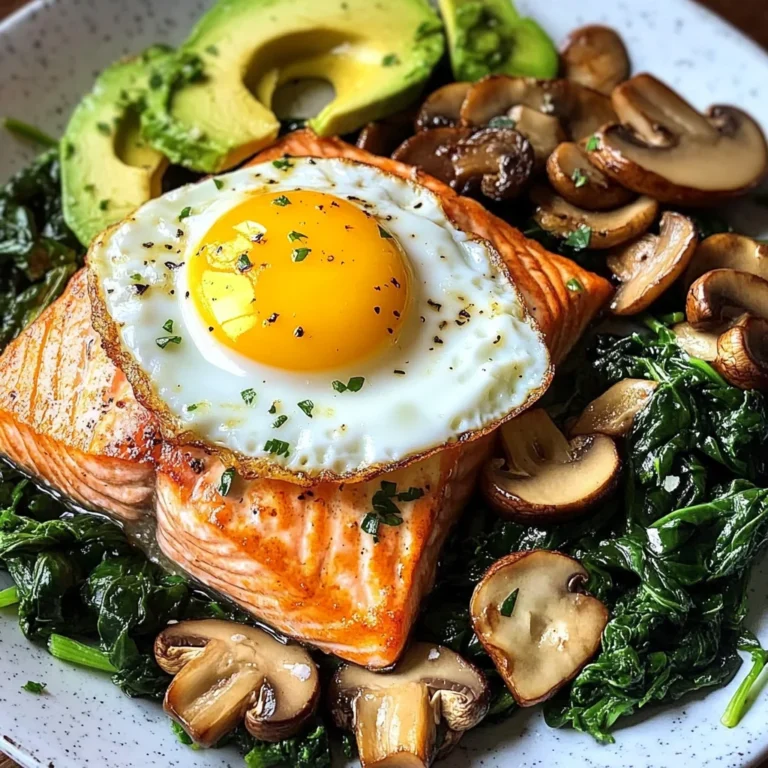 Pan-Seared Salmon with Sunny Egg, Sautéed Spinach, Mushrooms & Avocado
