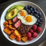 Steak & Sunny Eggs Power Plate with Sweet Potato, Avocado & Berries