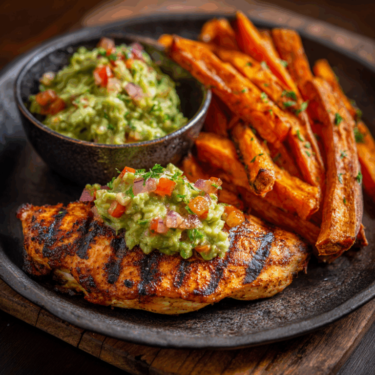 Grilled Chicken with Sweet Potato Fries & Chunky Guac